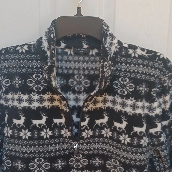 Talbots Women's Black and White Zip-Up Fleece Top - Picture 2 of 5